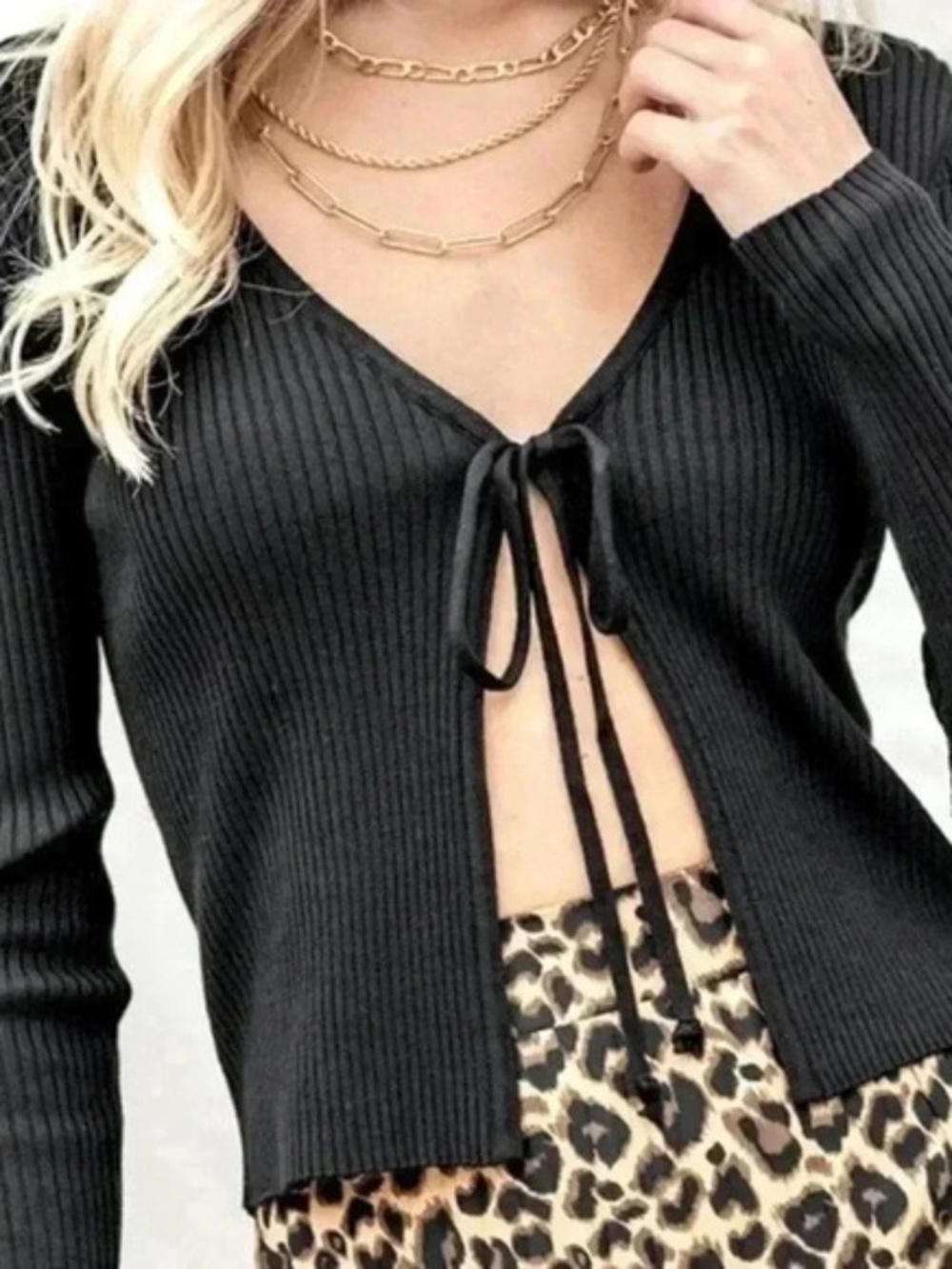 Love Tree Ribbed Black Front Tie Cardigan Size Large